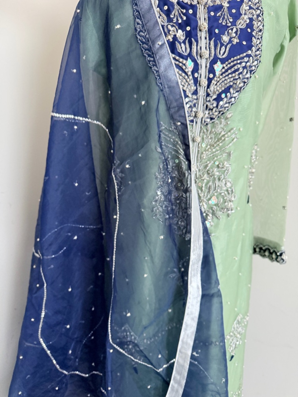 Embroidered Mint Green & Navy Blue Dress with Zari embroidery